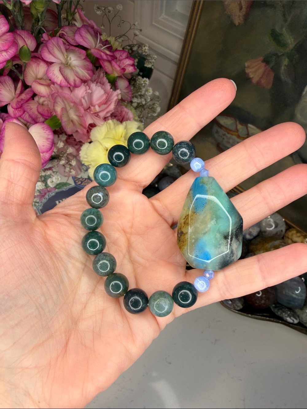 Moss Agate w Phoenix Stone & Blue Cateye Bracelet: B1272